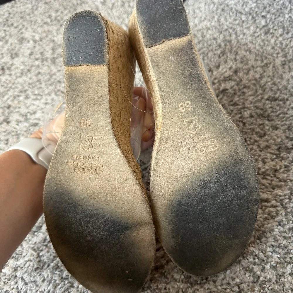 Andre Assous Clear Strap Espadrille Wedge Sandals Tan Leather Made in Spain 38